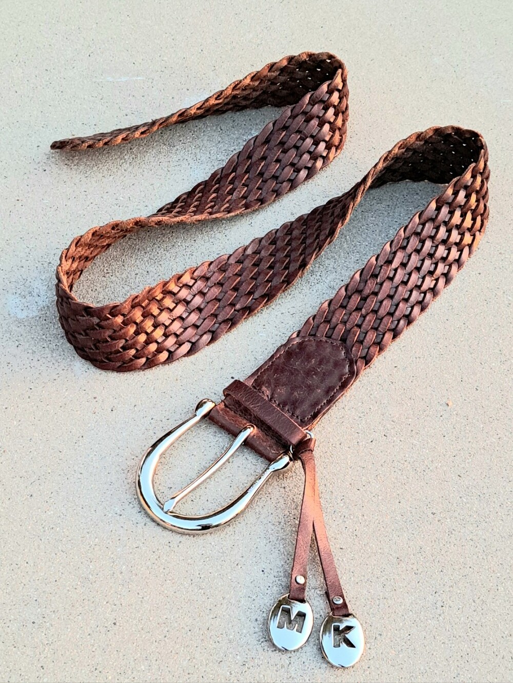 Michael Kors Wide Braided Leather Belt with Hanging M & K Logo Charms XL